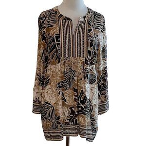 Ruby Rd ladies partial sleeve vneck pullover tan tropical tunic top size Medium